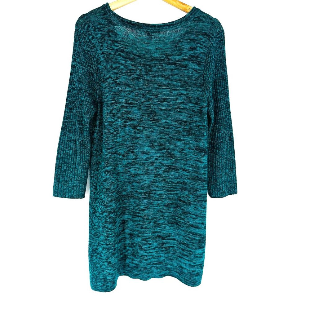 Cable & Gauge Teal Heather Round Neck 3/4 Sleeve Knit Hi-Low Pullover Sweater M - Picture 2 of 8